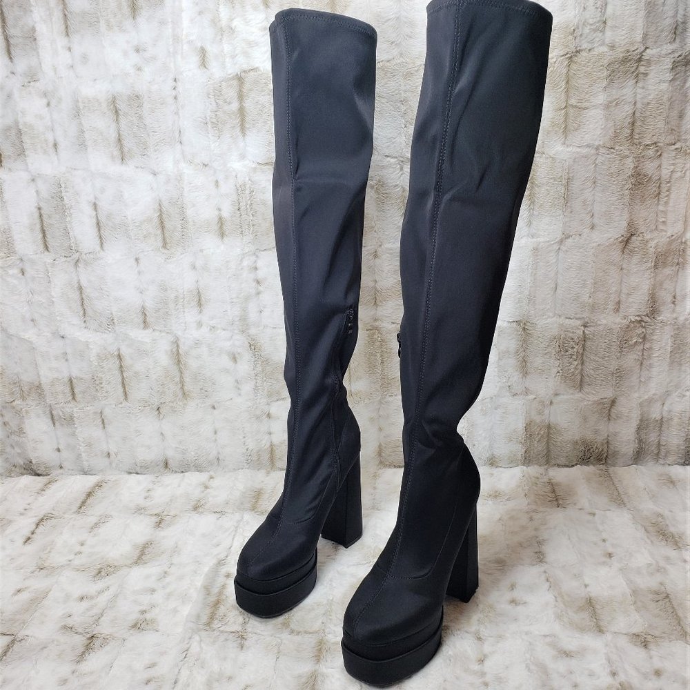 ☆ Stacked Black Stretch Leatherette Thigh High Chunky Heel Double Platform Boots - Picture 2 of 10